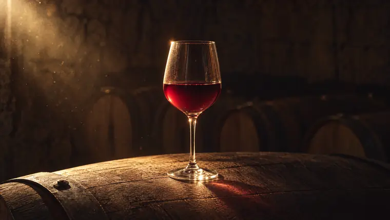 A glass of Pinot Noir on an oak barrel in the underground barrel hall, lit by a single beam.