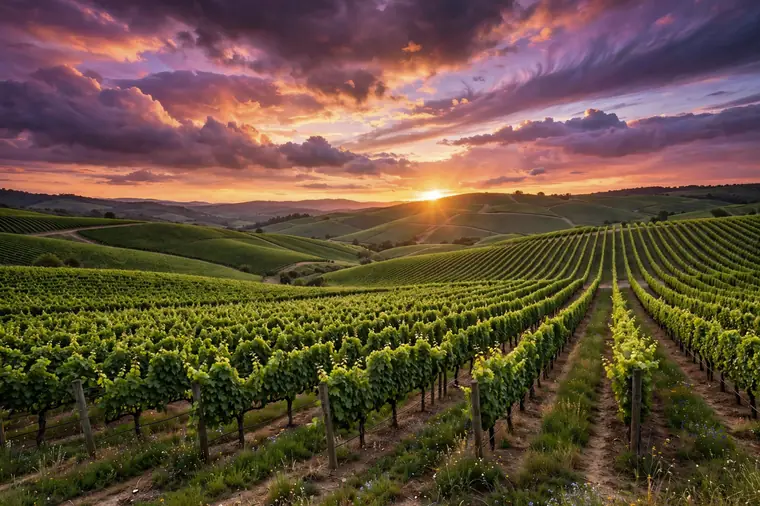 A violet dusk sky over long rows of vines stretching to the horizon.