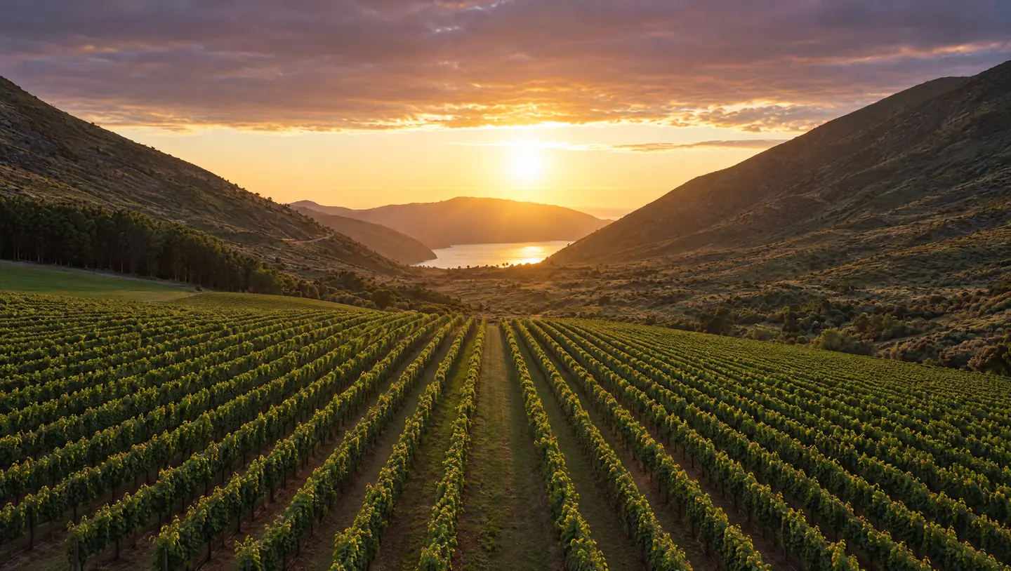 Sunset over the Koelenberg vineyard: rows of vines running down a valley between two hills towards the sea.