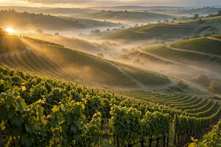 Morning mist lying in the folds of vineyard-covered hills at sunrise.
