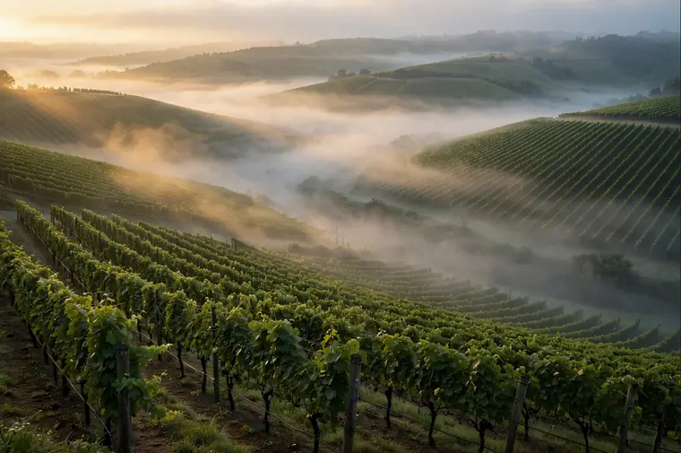 Mist filling a valley between vineyard slopes in the early morning.