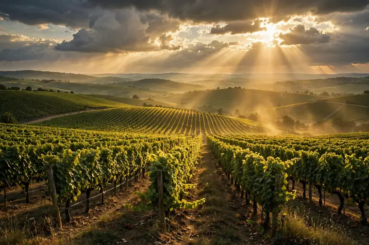 Sunbeams breaking through storm clouds over rows of vines on the estate.