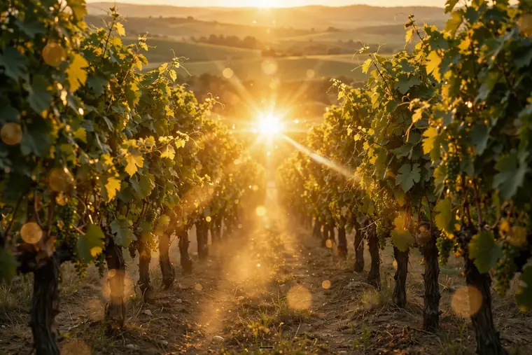 Low sun breaking through rows of Chardonnay vines heavy with fruit.